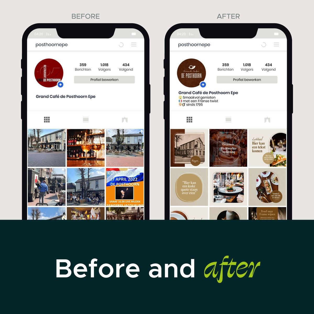 Before: Grand Café de Posthoorn Instagram profile with the old logo, no bio and mixed photos